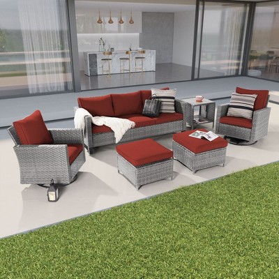 Sonkuki 6-Piece Patio Conversation Set with Swivel Rocking Chair and Side Table, Navy Blue Cushion