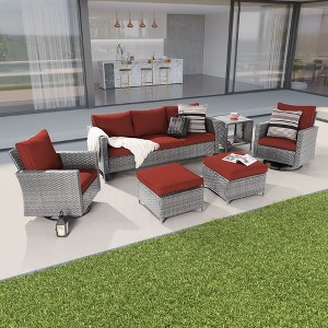 Sonkuki 6-Piece Patio Conversation Set with Swivel Rocking Chair and Side Table, Navy Blue Cushion - 1 of 4