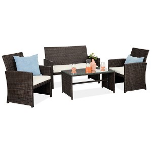 Best Choice Products 4-Piece Outdoor Wicker Patio Conversation Furniture Set w/ Table, Cushions - 1 of 4