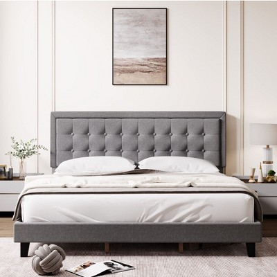 Modern Upholstered Platform Bed with Button Tufted Headboard