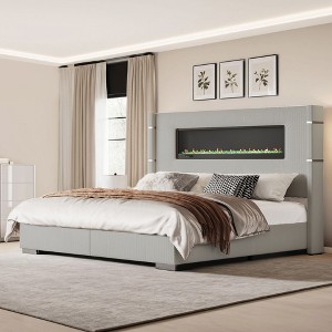 AMERLIFE Modern Bed Frame with Fireplace, Wingback Platform Bed Frame with 60.4“ Extra Tall Headboard - 1 of 4