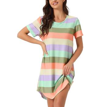 cheibear Women's Sleepshirt T-shirt Dress Colorful Striped Short Sleeve Nightshirt Nightgown