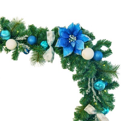 Barton 6' Christmas Garland Blue & Silver w/Ornaments Pre-Lit White LED Home