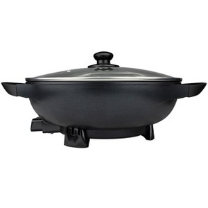 Brentwood 13in Non-Stick Flat Bottom Electric Wok Skillet with Vented Glass Lid in Black - 1 of 4