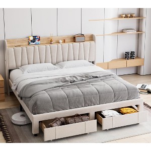Full Size Bed Frame with Drawer, Upholstered Platform Bed Frame with Storage Headboard and Charging Station - 1 of 4