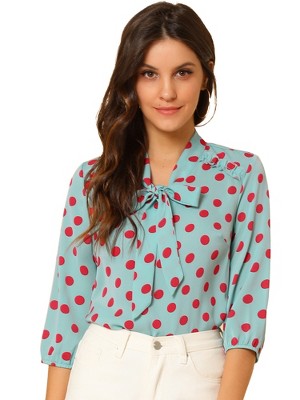 INSPIRE CHIC Women's Ruffle Shoulder Polka Dots Elastic Cuff 3/4 Sleeves Bow Tie Neck Blouse