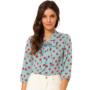 INSPIRE CHIC Women's Ruffle Shoulder Polka Dots Elastic Cuff 3/4 Sleeves Bow Tie Neck Blouse - 1 of 4