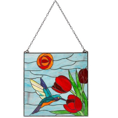 Wind & Weather Stained Glass Hummingbird And Tulips Art Panel with Metal Frame and Chain