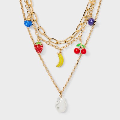 Fruit Charm and Pearl Multi-Strand Necklace - A New Day™ Gold/Red/Yellow: Nickel-Free Metal, Lobster Claw Clasp, 15" Length