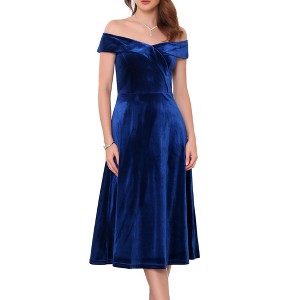 INSPIRE CHIC Women Off Shoulder Velvet High Waist Vintage A-Line Cocktail Evening Dress - 1 of 4