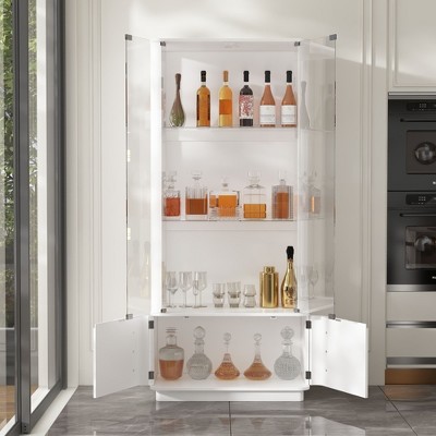 Famapy Modern Glass/Whiskey Wine Display Cabinet ,Liquor Display Shelf,LED-Lit, Tall Floor-Standing for Home Bar & Living Room