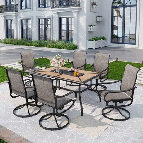 7pc Patio Dining Set With Faux Steel Table & 360 Swivel Sing Arm Chairs ...