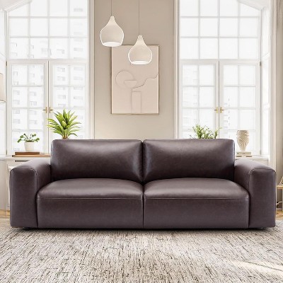 95 Oversized PU Leather Sofa in Chocolate, Deep Seats, Wide Arms, Down-Filled Cushions, Cozy 3-Seater for Living Room