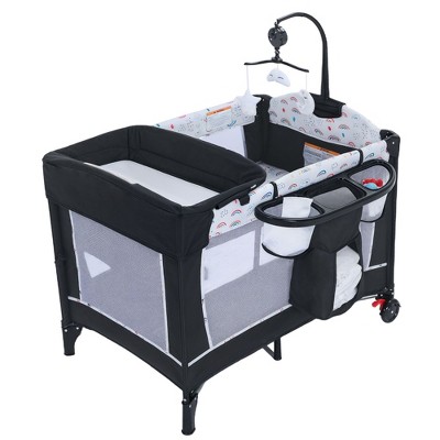 Kinder King 4-in-1 Portable Nursery Center and Bedside Crib with Bassinet, Changing Table, Storage Basket, Side Zipper & Travel Bag