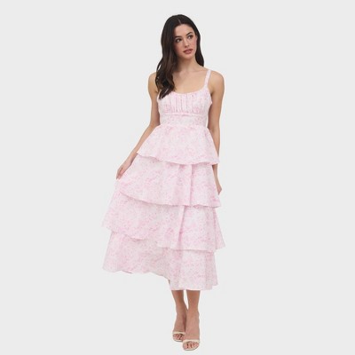 August Sky Women's Sleeveless Floral Back Self Tie Tiered Midi Dress