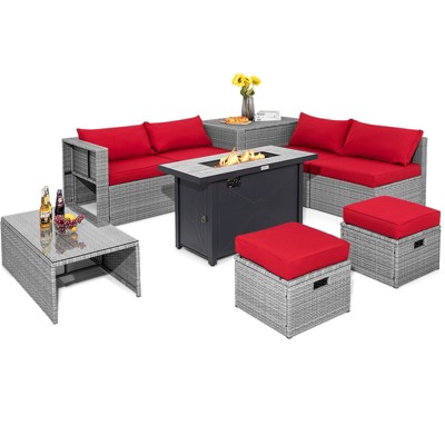 Tangkula 9 PCS Patio Furniture Set with 42" 60,000 BTU Fire Pit Outdoor Space-Saving Sectional Sofa Set with Storage Box Black/Gray/Navy/Red/Turquoise/Off White
