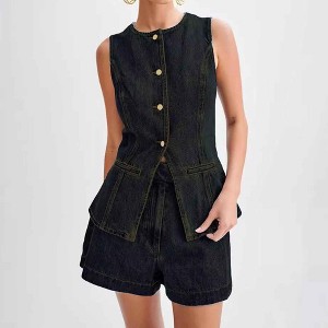 Women's Denim Shorts Set - High Waist Casual Outfit Sleeveless Top with Shorts Cherie Code - 1 of 4