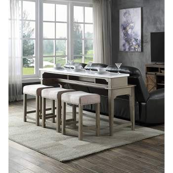 76" Wandella Marble Top Dining Table Beige Fabric/Rustic Oak Finish - Acme Furniture
