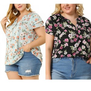Women's Plus Size 2 Pieces Floral Ruffle Trim Layered Sleeve Notched Neck Button Layered Sleeve Blouses - Agnes Orinda - 1 of 4