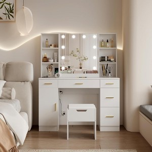 Garvee Vanity Desk with Led Lighted Mirror, 5 Sliding Drawers & 6 Open Shelves, 3 Color Lighting Modes Brightness Adjustable,White - 1 of 4