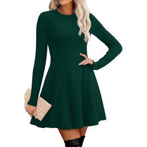 Ribbed Knit Sweater Dress for Women, Long Sleeve Crew Neck Fit and Flare A-Line Dress for Fall and Winter, Casual Office Wear Green - 1 of 4