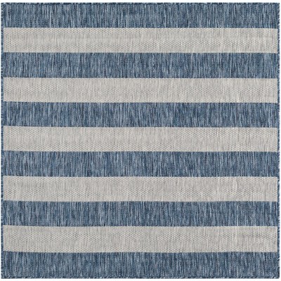 Blue and White Striped Square Outdoor Area Rug