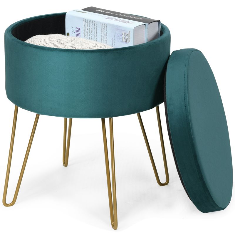 Tangkula Modern Round Velvet Footrest Stool Upholstered Vanity Ottoman Chair Dark Green/Pink, 3 of 6