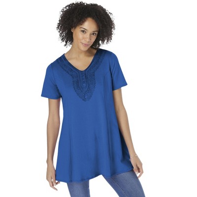 Woman Within Plus Size Rounded V-Neck Crochet Tunic