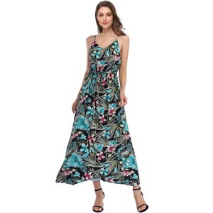 Women's 2025 Summer Beach Dress Floral V-Neck Tie Front Spaghetti Strap Flowy Long Boho Maxi Dress - 1 of 4