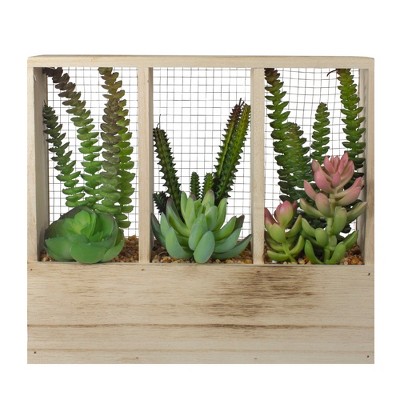 Northlight 11" Artificial Mixed Succulent Arrangement in a Wooden Planter Box