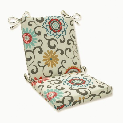 Suzani Outdoor Squared Edge Chair Cushion - Blue/Brown - Pillow Perfect: Weather-Resistant with Ties