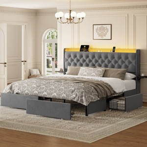 WOWLIVE Full/Queen/King Upholstered Platform Bed Frame with 4 Storage Drawers, Velvet Tufted Headboard with LED light & Charging Station - 1 of 4
