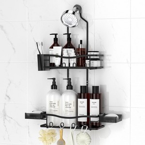 Aoibox Rustproof Hanging Shower Caddy with Soap Holder & Multi Hooks, No Drilling Bath Organizer for Shampoo, Conditioner & Sponge, Black - 1 of 4