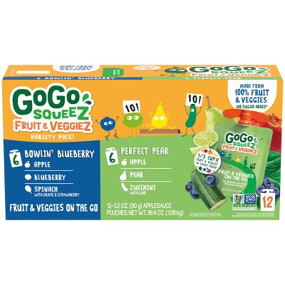 GoGo squeeZ Fruit & veggieZ Applesauce and Puree Variety Pack, Bowlin' Blueberry and Perfect Pear - 38.4oz/12ct