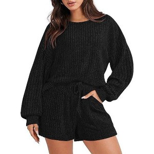 BLUEMING Women Sportswear Sets Waffle Knitted Oversized Long Sleeve Tops Shorts Casual Home Wear Suit - 1 of 4