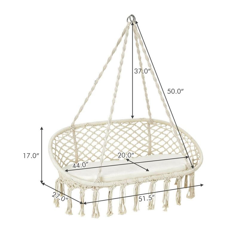 Costway 2 Person Hanging Hammock Chair with Cushion Macrame Swing 330 lbs Capacity, 2 of 11