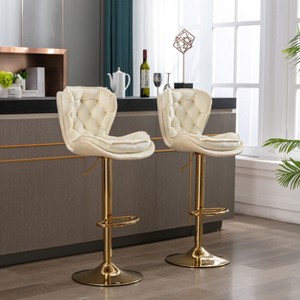 Gulches Set of 2 Cream Velvet Bar Stools Swivel Height Adjustable Mechanical Lifting Golden Leg Chrome Footrest Base - 1 of 4