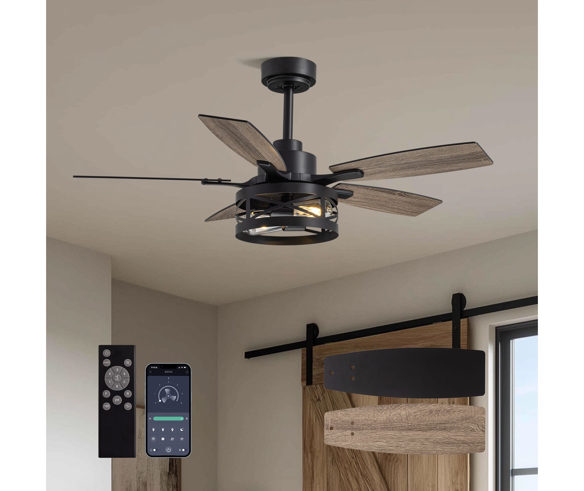 Siljoy Farmhouse Ceiling Fan with Light, Cage Ceiling Fan with Vintage Wood-Grain Blades, Quiet High-Power Motor, Ideal for Bedrooms Living Rooms