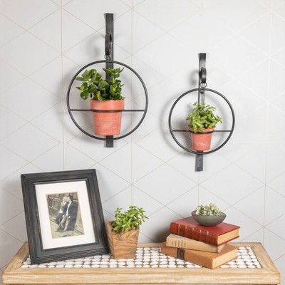 Set of 2 Black Iron Hanging Planters with Terracotta Pots