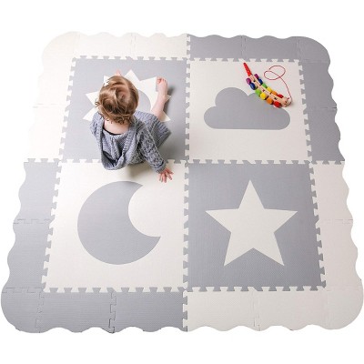 Image of CHILDLIKE BEHAVIOR 61" x 61" Baby Crawling Play Mat With Interlocking Floor Tiles, X-Large Grey & White