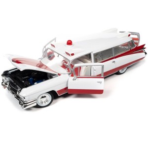1959 Cadillac Eldorado Ambulance Red and White 1/18 Diecast Model by Auto World - 1 of 4