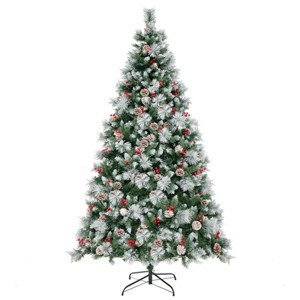 7ft Pre-Lit Christmas Tree - 70 Red Berries + 70 Pine Cones, Changeable Lights & Auto-Stretching Branches, Ideal for Home/Office/Parties - 1 of 4