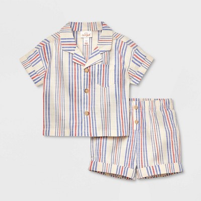 Image of Baby Boys' Striped Gauze Top & Bottom Set - Cat & Jack™ Off-White 12M