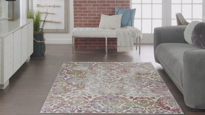 Ivory and Blue Floral Synthetic 2' x 4' Area Rug
