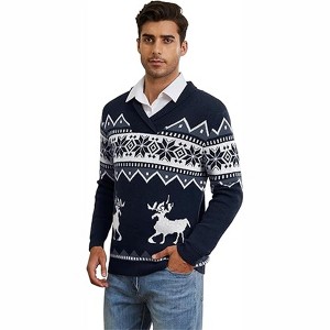 Clearlove Mens Ugly Christmas Sweaters Snowflakes Holiday Reindeer Printed Shawl Collar Knitted Long Sleeve Pullover Jumpers - 1 of 4