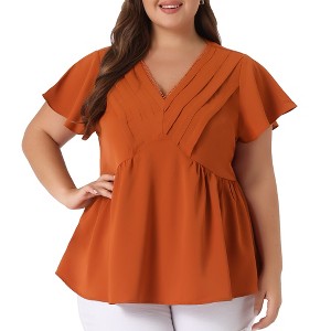 Agnes Orinda Women's Plus Size Summer V Neck Flare Short Sleeve Lace Pleated Peplum Blouses - 1 of 4