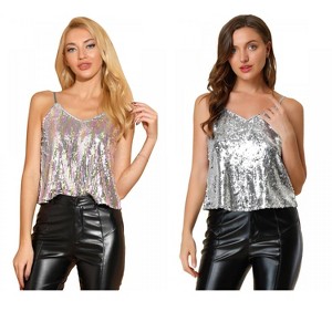 Allegra K Women's Sequined Shining Adjustable Straps Party Sparkle Cami Top 2 Packs - 1 of 4