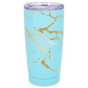 Elanze Designs 20 oz Stainless Steel On the Go Insulated Travel Tumbler With Push Top Lid, Gold Tone Marble Print Sky Blue - 1 of 4