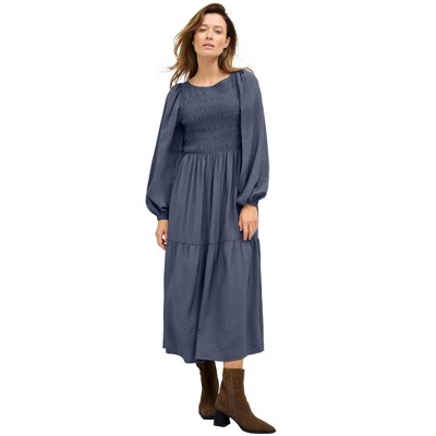 ellos Plus Size Smocked Bodice Tiered Midi Dress