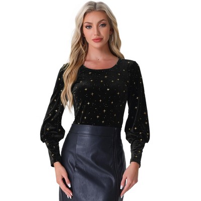 Allegra K Women's Velvet Metallic Shiny Crew Neck Long Sleeve Blouse